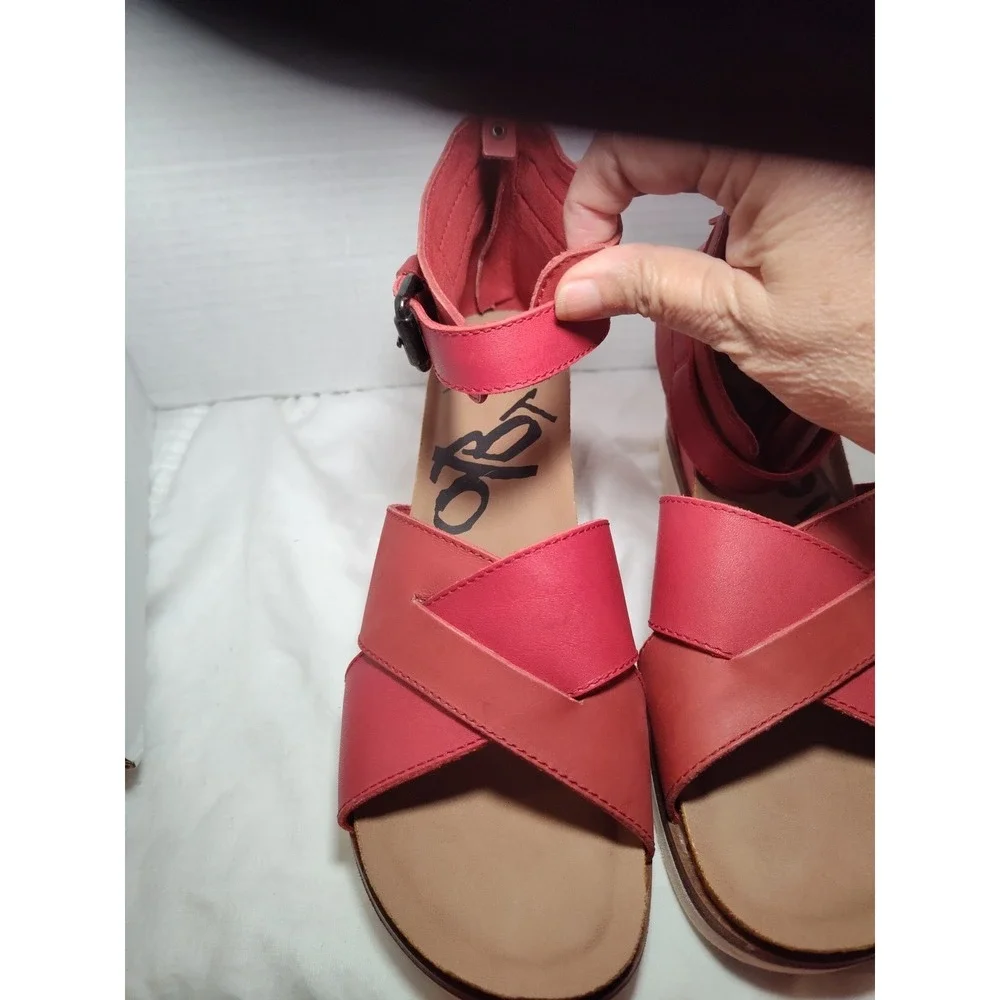 OTBT Teamwork Ankle Leather Wedge Sandals Size‎ 10 Platform Shoes Cork Red